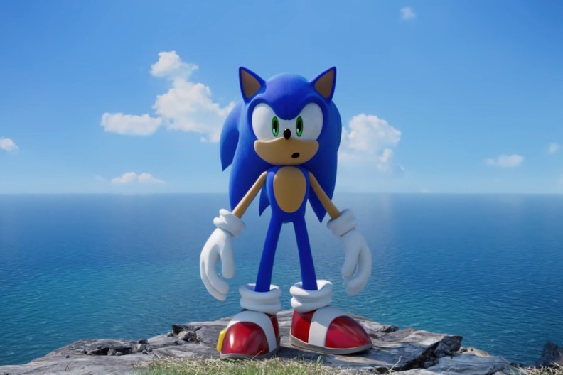 Screenshot from Sonic Frontiers showing a shocked Sonic.