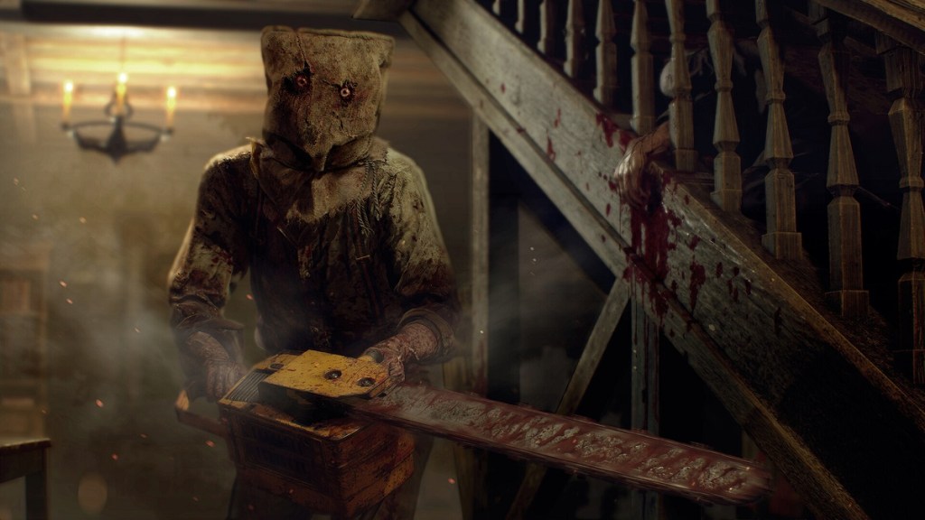 Resident Evil 4 Remake: Chainsaw Man, AKA Dr. Salvador, revving up his chainsaw.