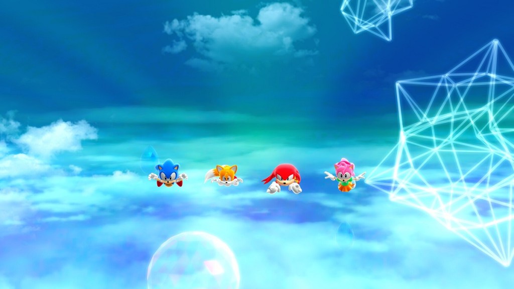 Sonic Superstars: Sonic, Tails, Knuckles, and Amy flying through a blue sky.