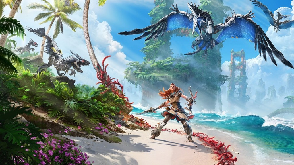 Horizon Forbidden West: Aloy on a beach looking up at a robotic bird.